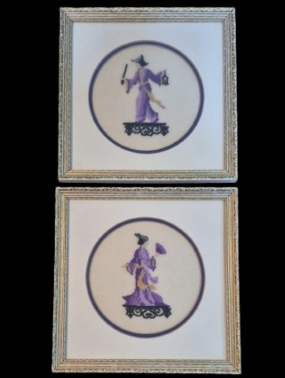 HANDCRAFTED Set of 2 Vintage Japanese Inspired Petit Point Framed Artwork